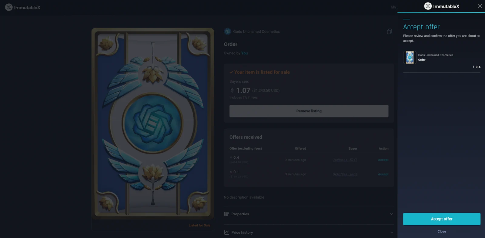A marketplace interface of ImmutableX in accepting offers.