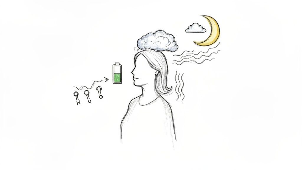 Illustration of a woman with brain fog (cloud), low energy (battery), and a moon, depicting menopause symptoms.