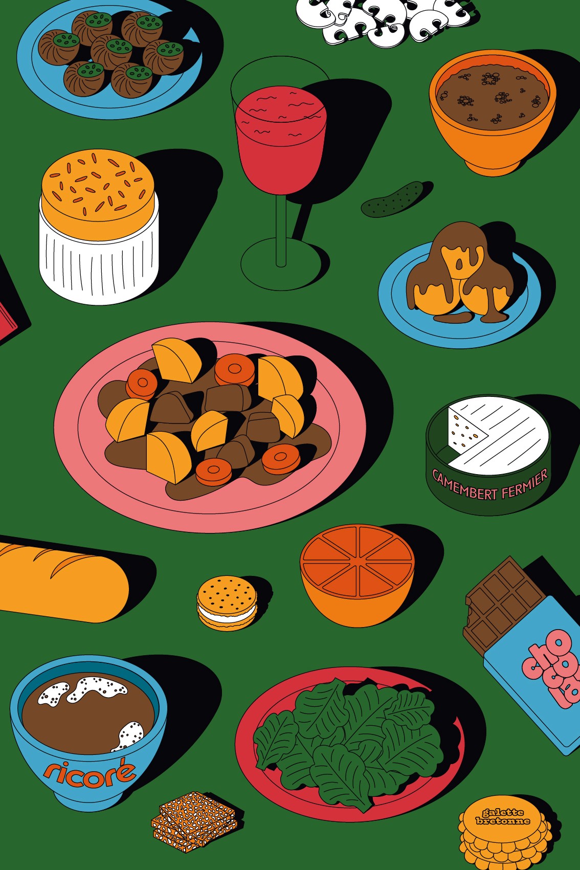 Affiche verte avec illustrations