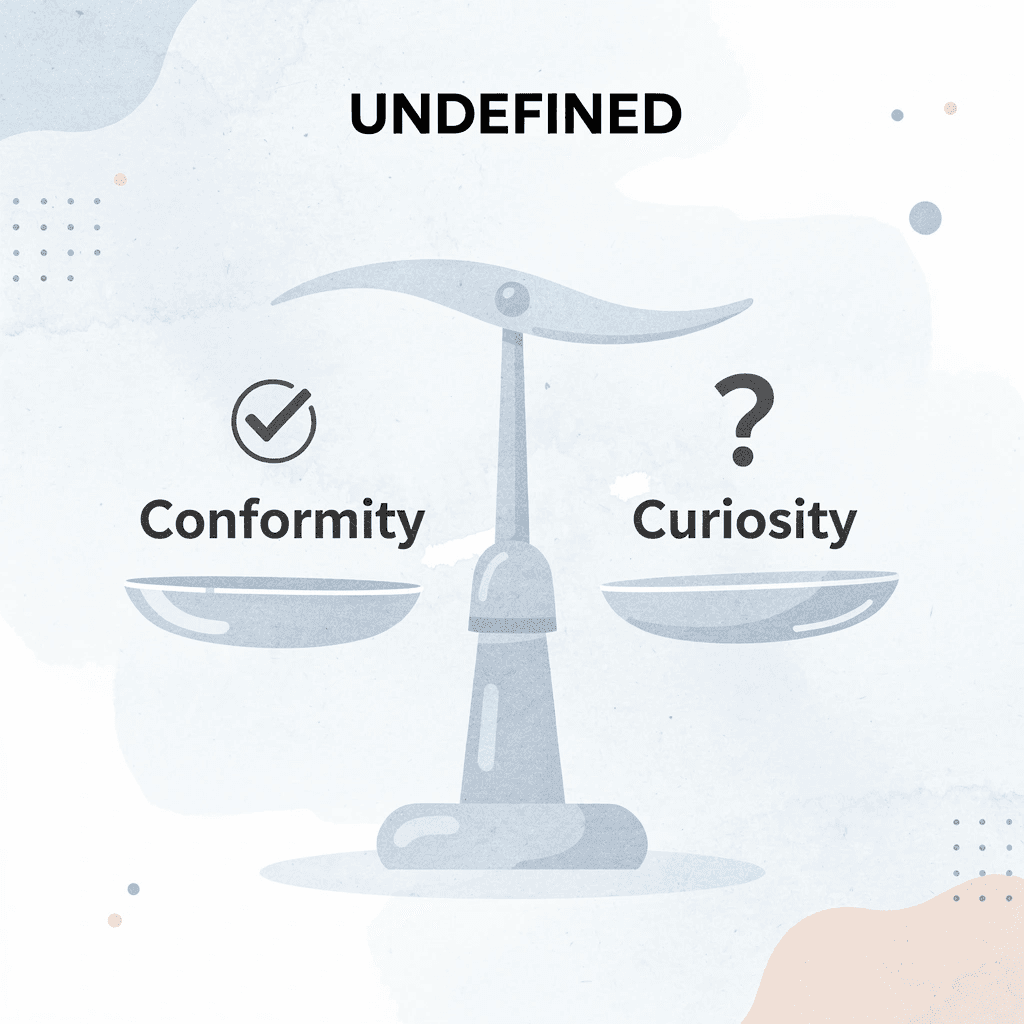 Balance scale comparing conformity versus curiosity