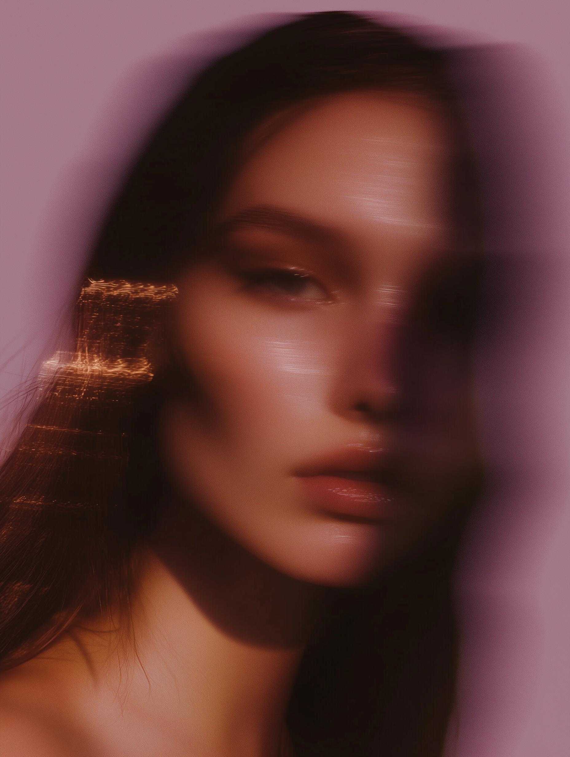 Woman's face in profile with pink light and motion blur