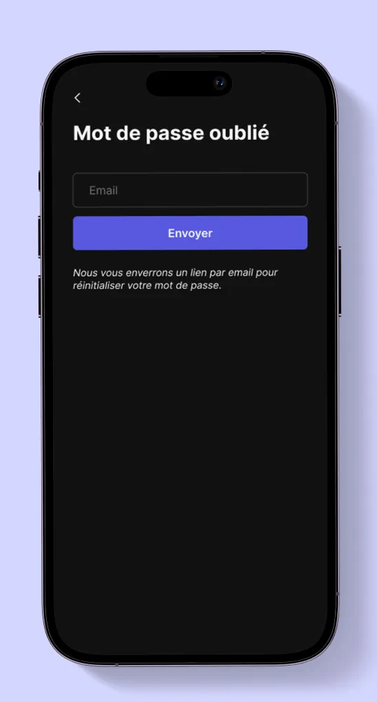 Écran On Wheels pour saisir son email afin de réinitialiser son mot de passe