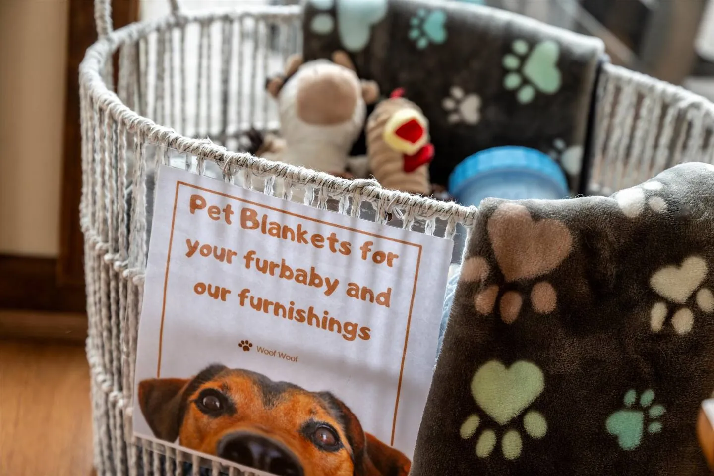 Basket of pet blankets for dogs at Bella Vista