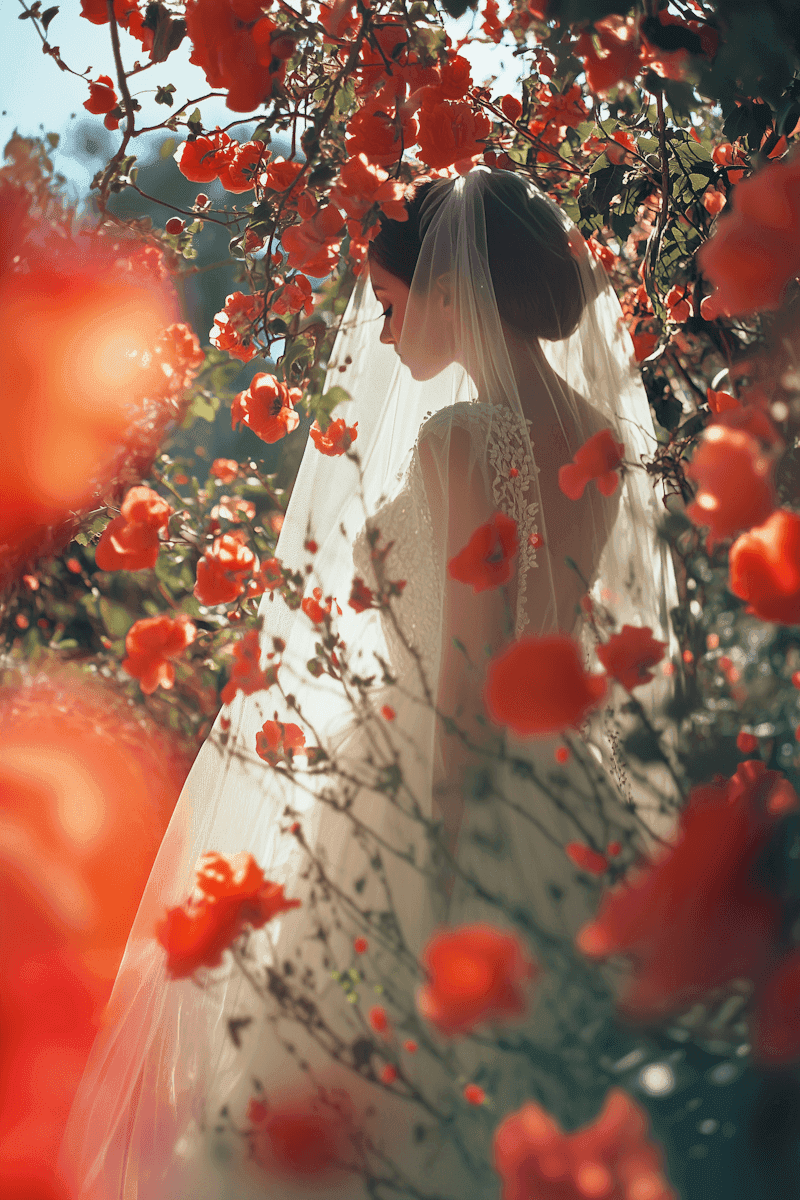 A bride in a lace wedding dress and veil stands amidst a garden of vibrant red flowers, bathed in soft, natural sunlight.