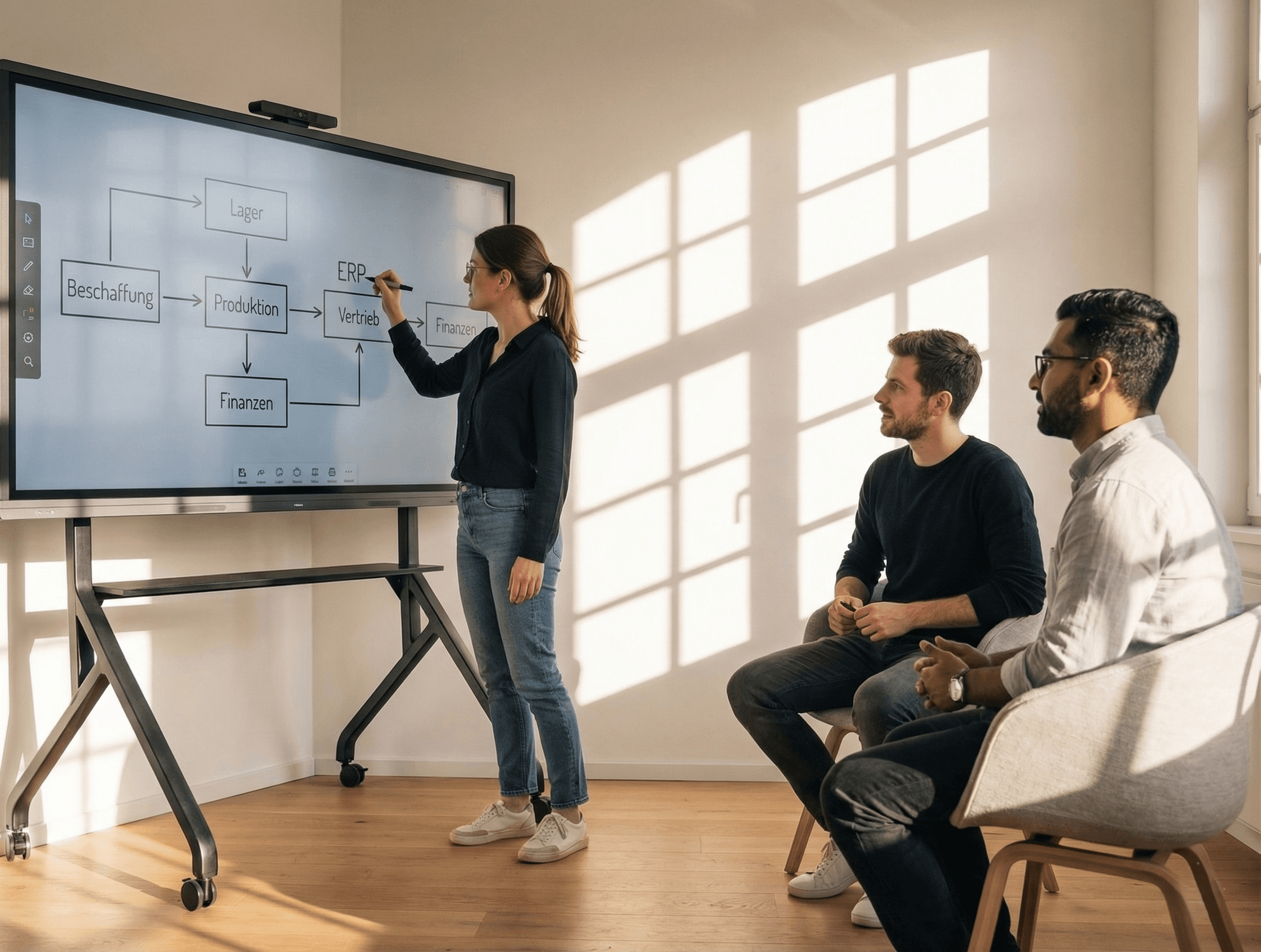 A young person with curly hair smiles at the camera while sitting in front of a laptop against a dark background.