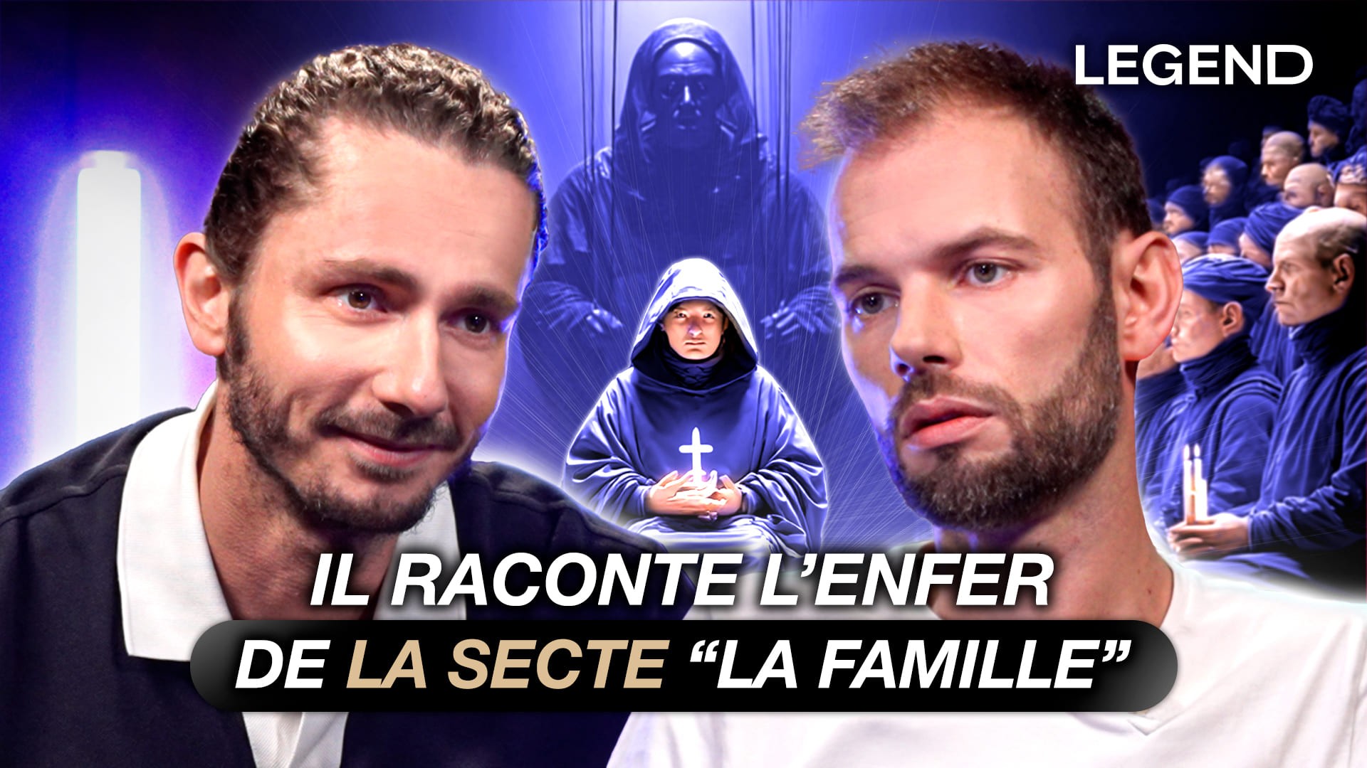 Miniature YouTube dramatique pour le média Legend, titrée 'IL RACONTE L'ENFER DE LA SECTE LA FAMILLE'. La composition est un montage de haute qualité : Guillaume Pley (à gauche, regard souriant) et un invité (à droite, regard sérieux) encadrent une série d'images conceptuelles et sombres liées à une secte. Au centre, une personne en tenue monacale, et en arrière-plan, une foule de personnes similaires, toutes baignées d'une lumière bleue et violette dramatique. Le titre est en majuscules blanches et jaunes, placé sur un bandeau noir pour un maximum de visibilité. Ce visuel illustre le travail de direction artistique et de graphisme pour les miniatures YouTube à fort engagement (thumbnails) sur des sujets d'enquête et de société.