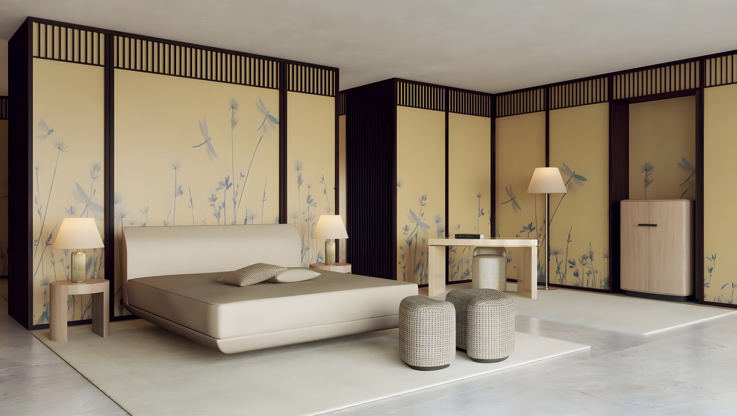 Luxurious master bedroom with artistic wall detailing, offering a serene escape in this elite property.