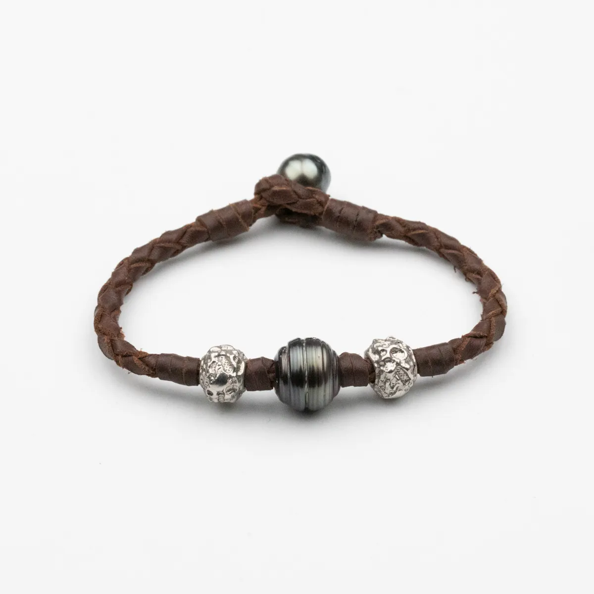 Tahitian Pearl and textured silver beads on brown braided leather bracelet with pearl toggle closure — Manos de Oro Saint Barth