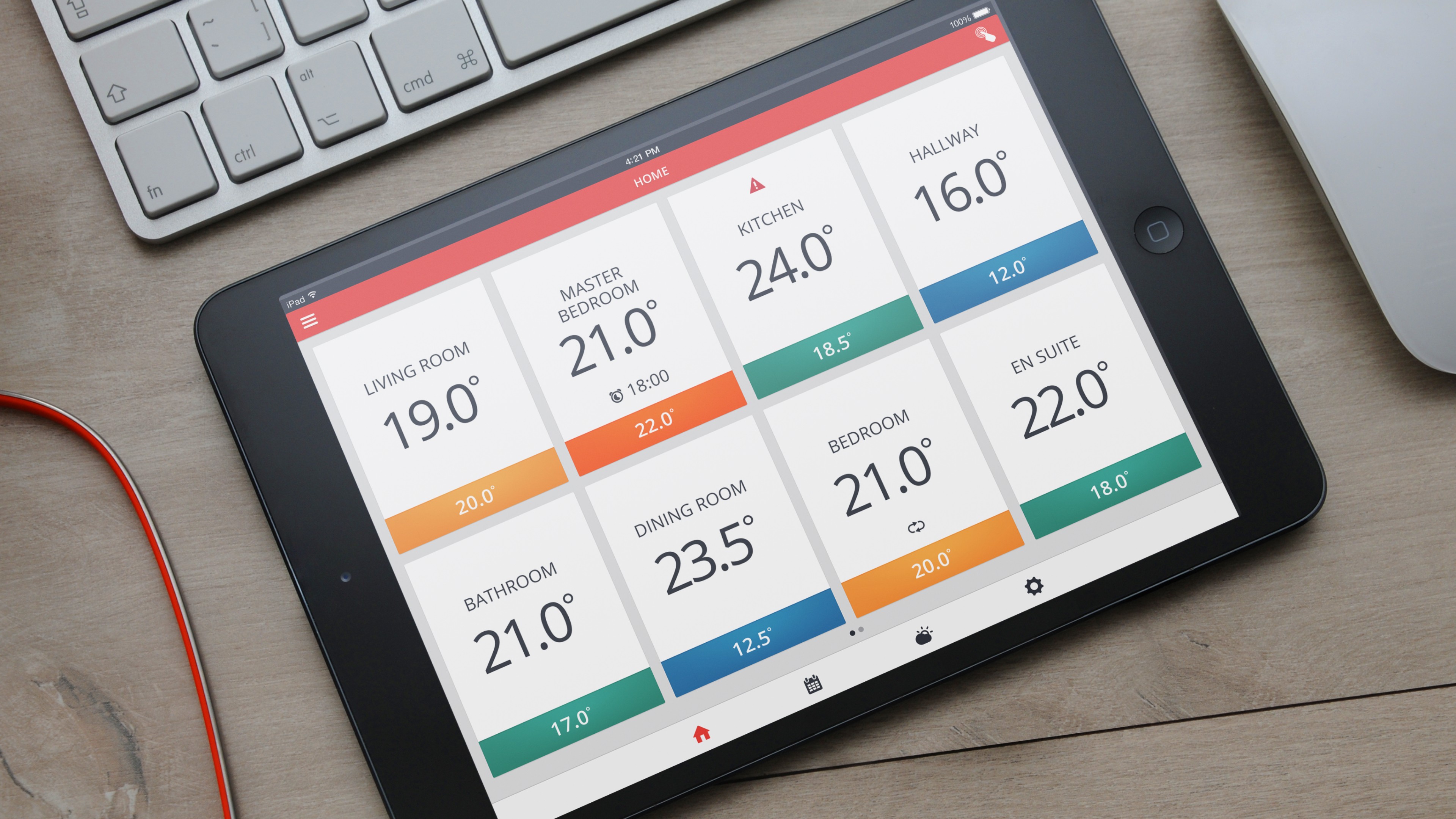 iPad displaying Honeywell smart heating dashboard with individual room temperature controls