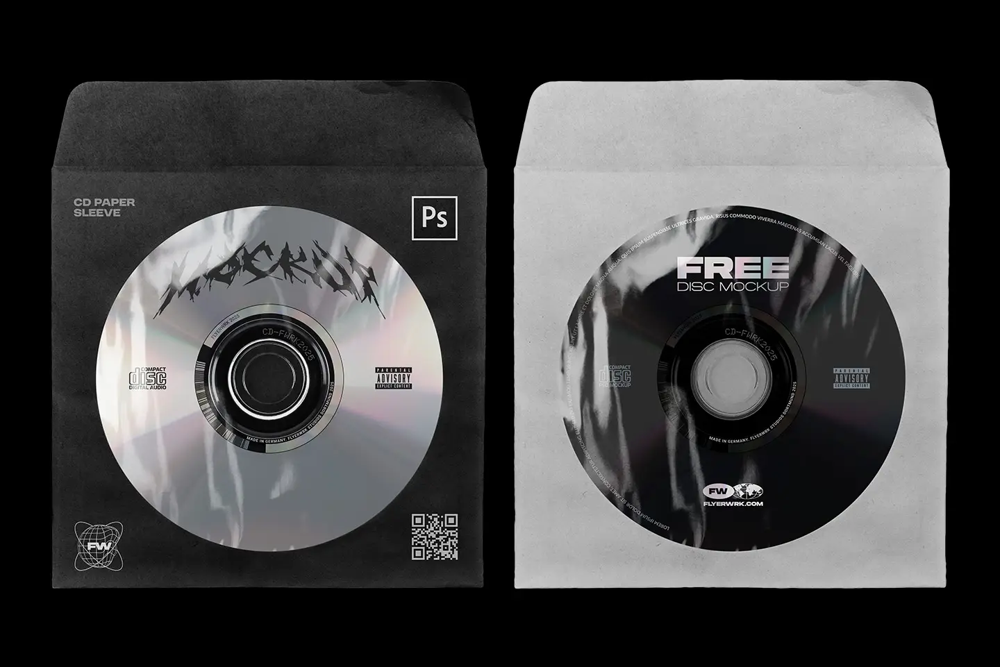 CD Paper Sleeve Mockup featuring black and white paper sleeves with realistic compact disc reflections