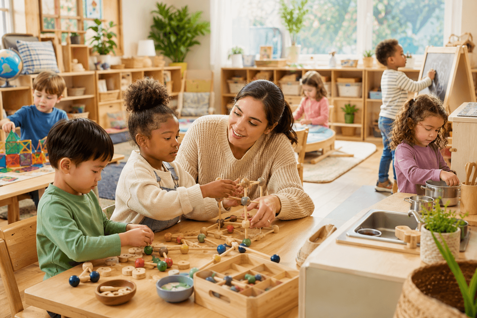 Young children in an early learning classroom exploring creative solutions through building, pretend play, and hands-on activities.