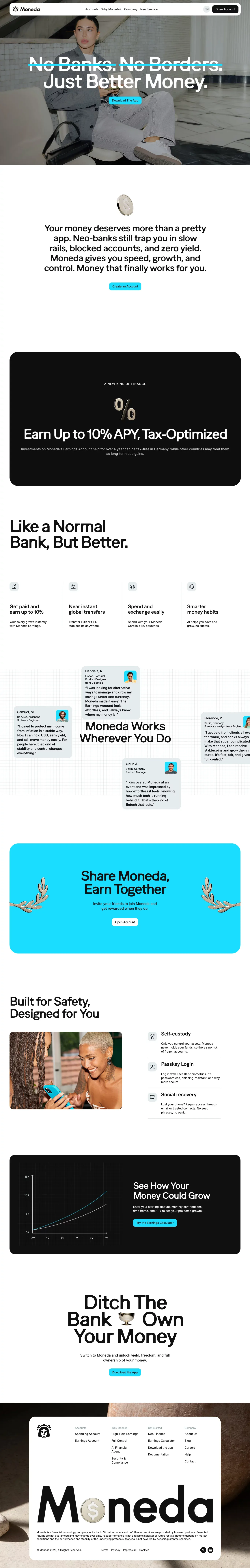 Moneda landing page screenshot showcasing Finance and Tech design