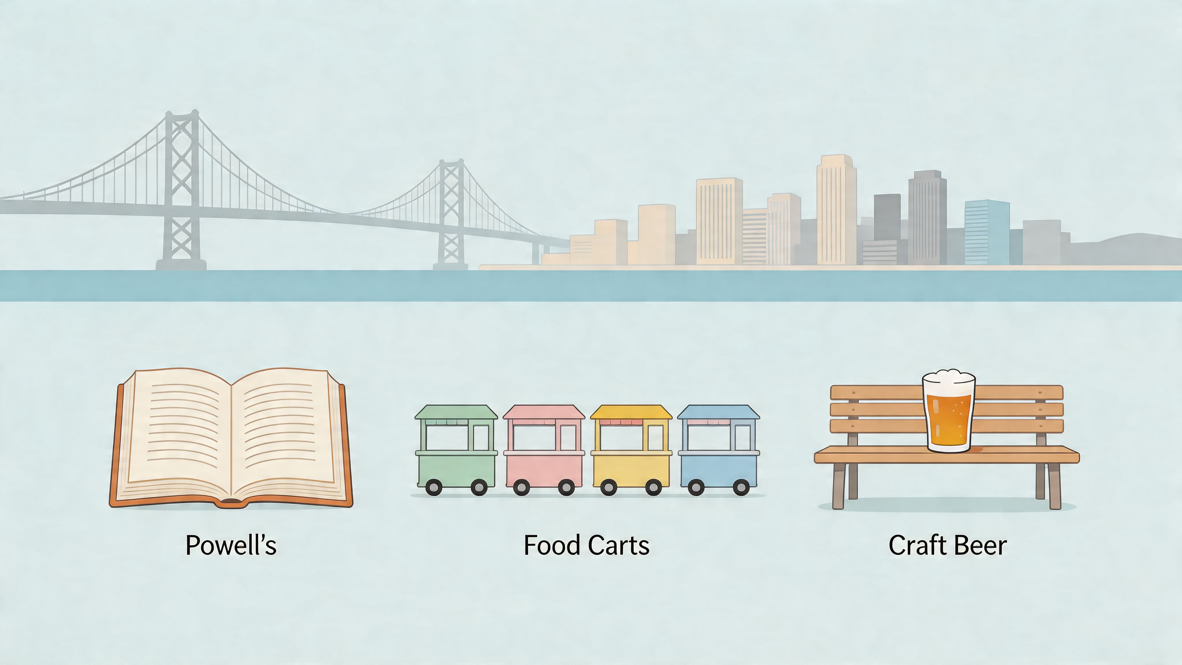 A digital illustration featuring an iconic city skyline with a bridge, book, food carts, and beer.