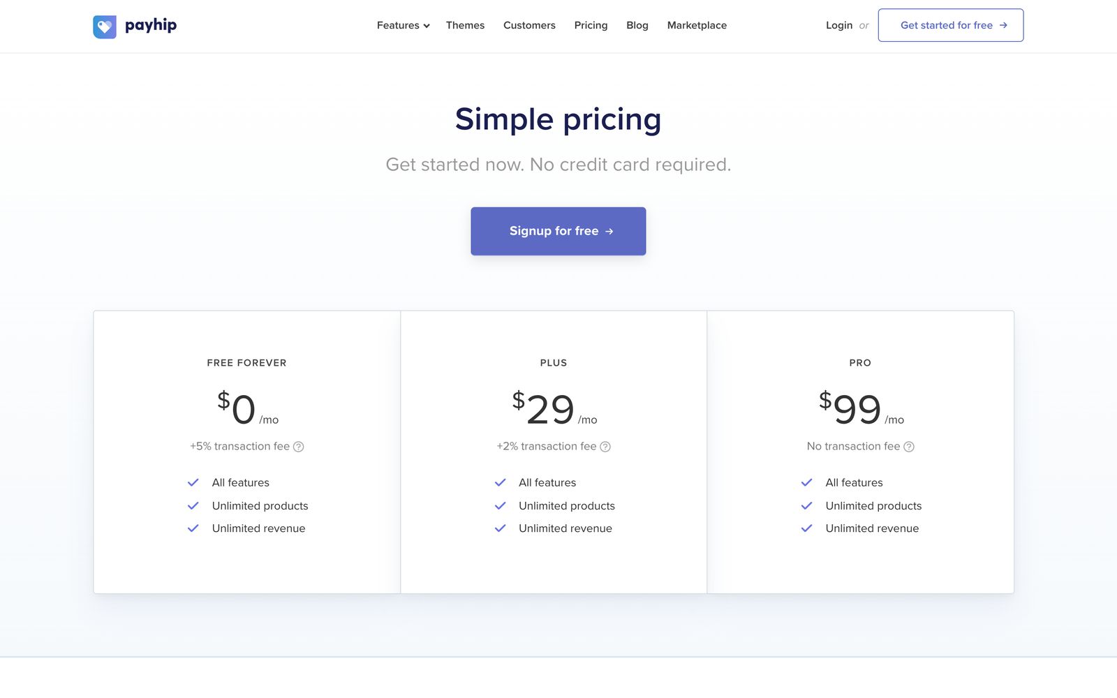 Payhip’s pricing page: Free Forever, Plus and Pro