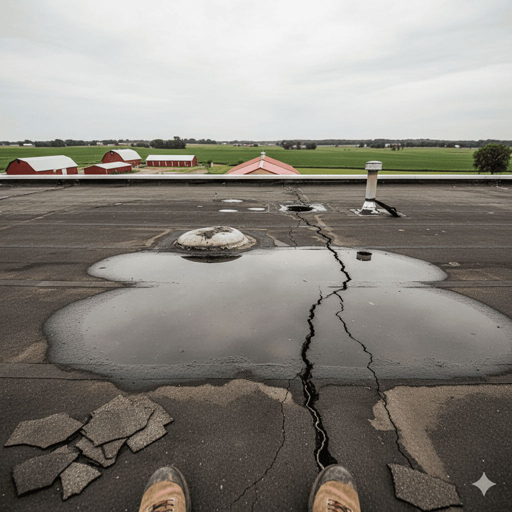 A bird is perched on the roof of a house