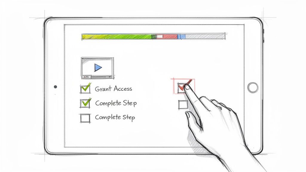 A hand interacts with a tablet showing a checklist, completing steps for an onboarding process.