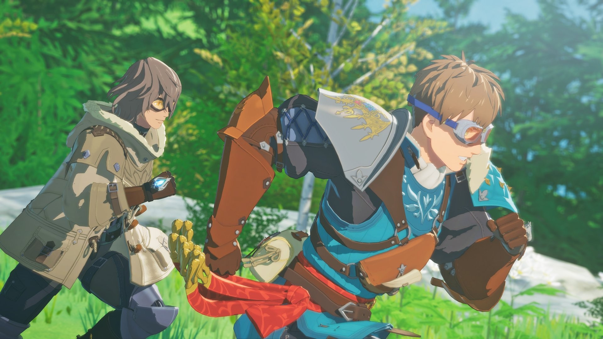 Deux personnages explorant une forêt dans Monster Hunter Stories 3 Twisted Reflection avec style RPG anime et aventure Monster Hunter