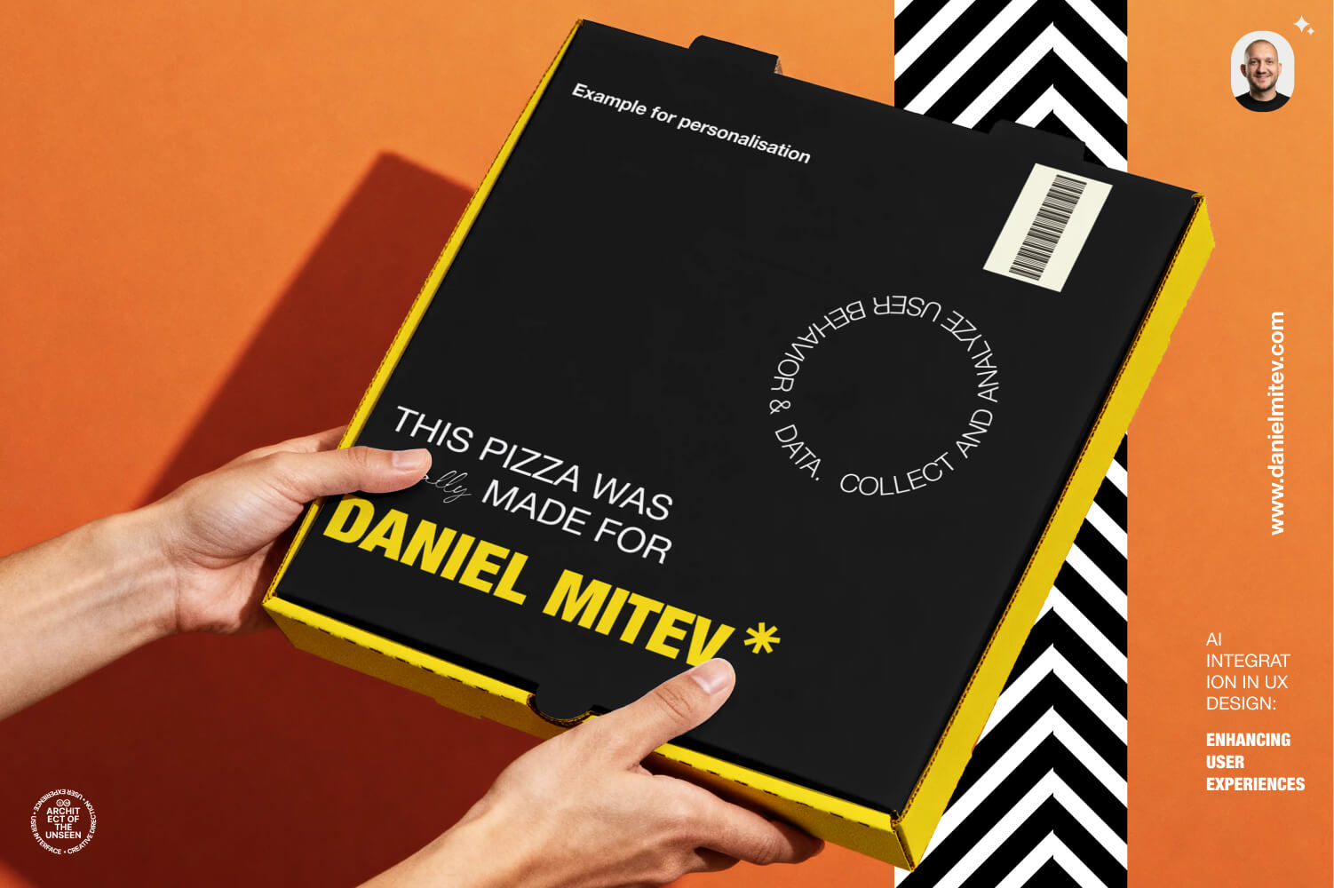 Personalized pizza box mockup labeled with Daniel Mitev name, demonstrating AI-powered personalization and data-driven user experience design