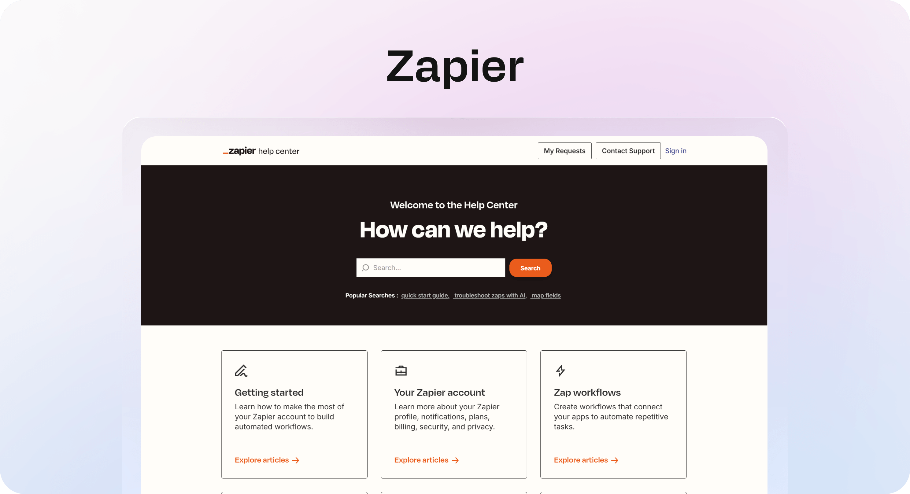 Zapier Help Center homepage with search, popular searches, and support category cards.