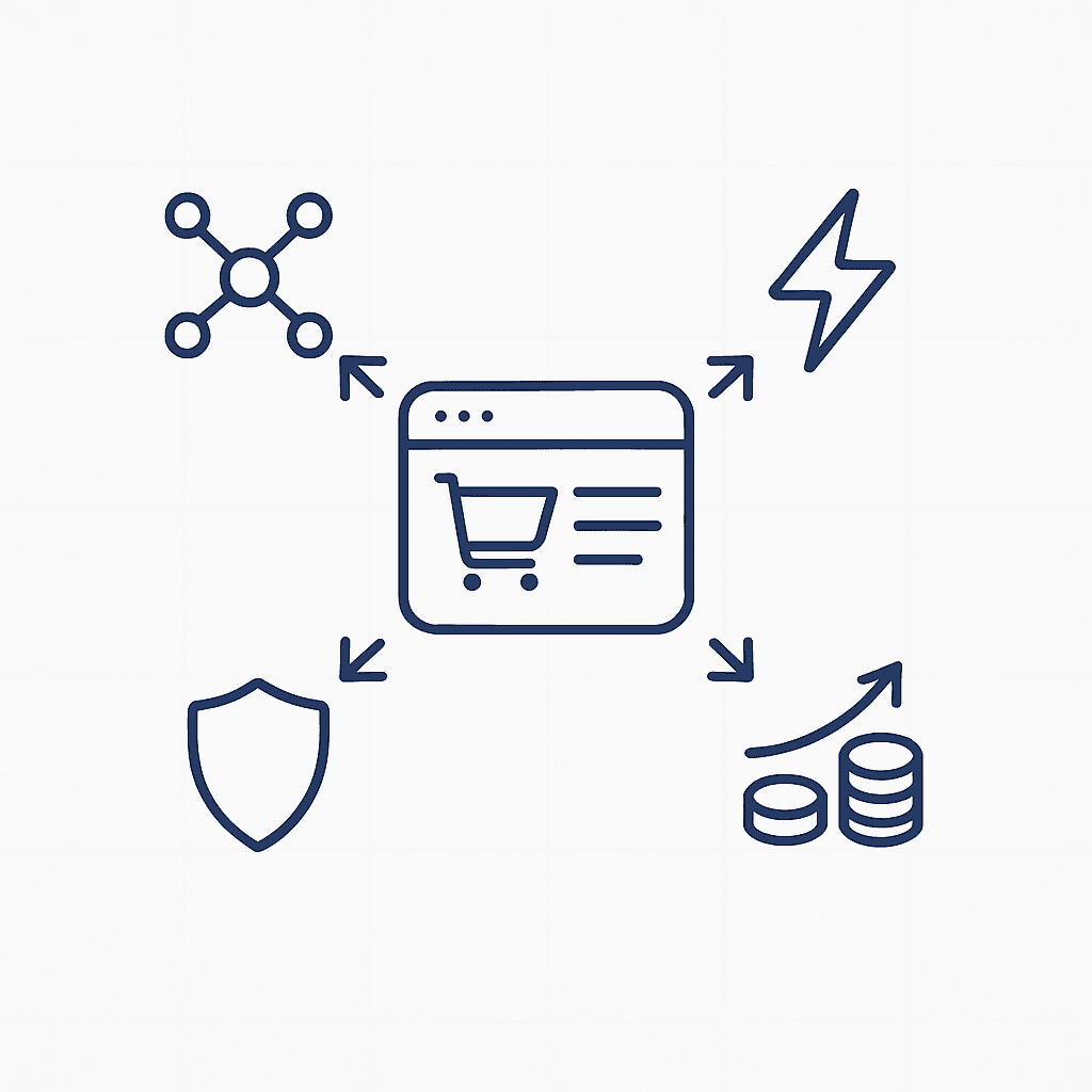 Isometric diagram of ecommerce dashboard linked to four icons for coverage, speed, privacy, and ROI