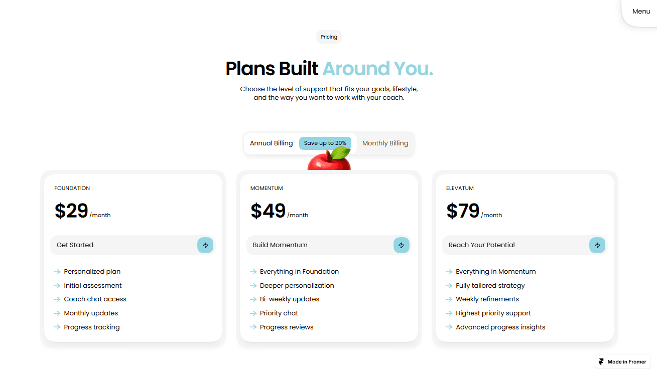 Pricing section displaying three plan tiers with features and prices on a light background.
