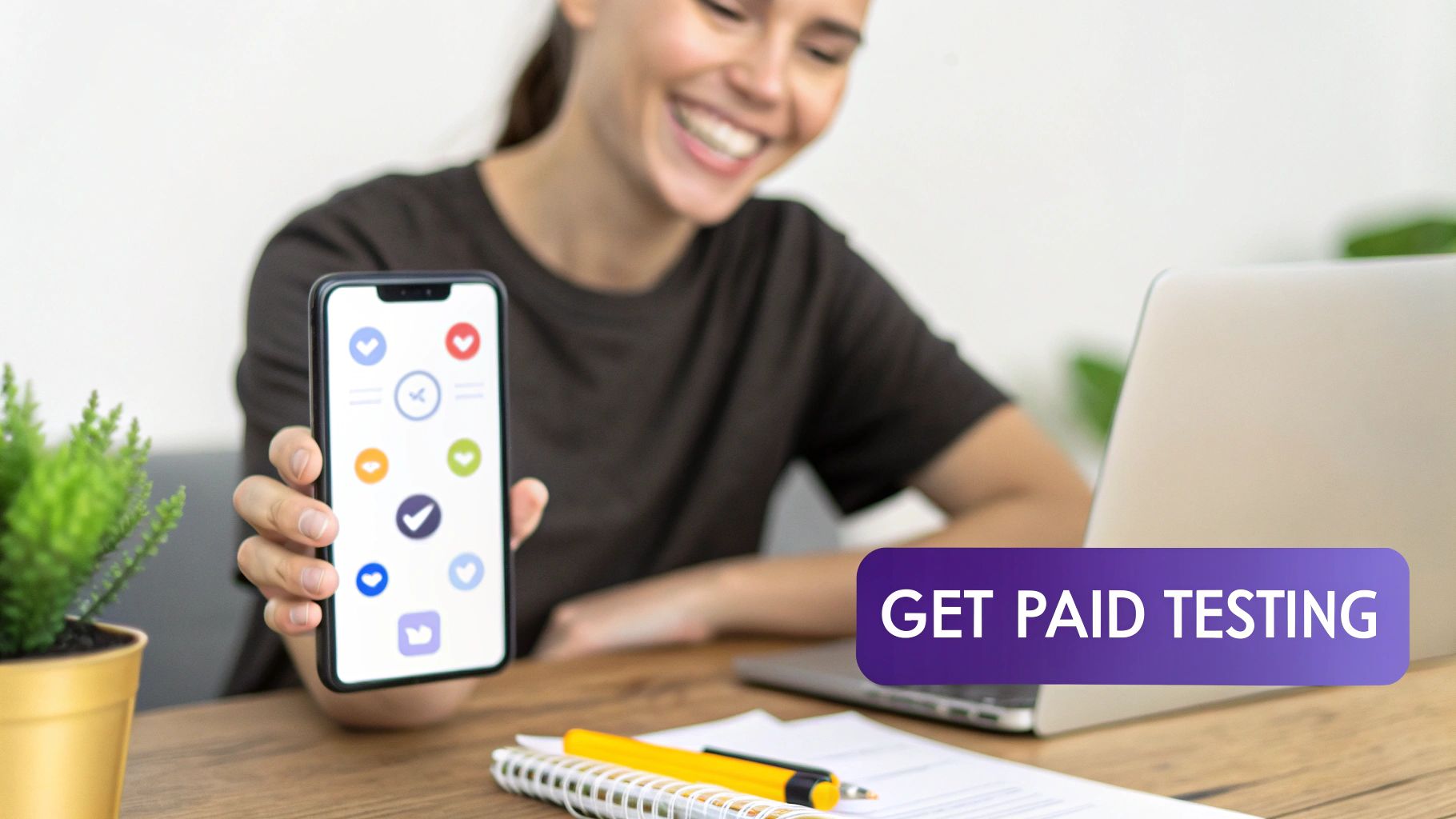 Smiling woman holding a smartphone displaying various app icons, with a laptop and 'GET PAID TESTING' text.