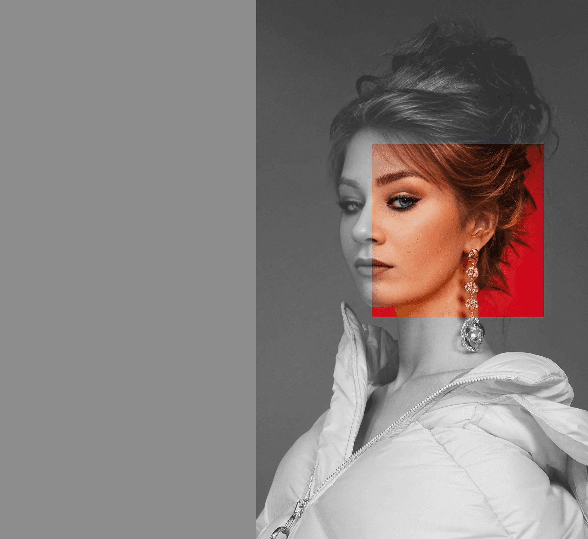 Artistic portrait with red and blue lighting creating a dramatic effect