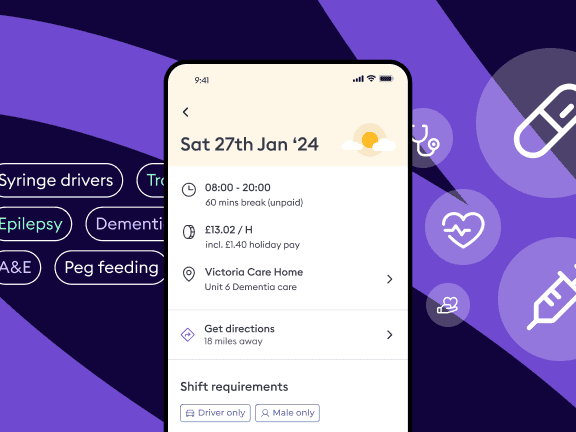 Florence mobile app screen showing shift details including date, time, hourly rate, location, and requirements, with healthcare-related icons.