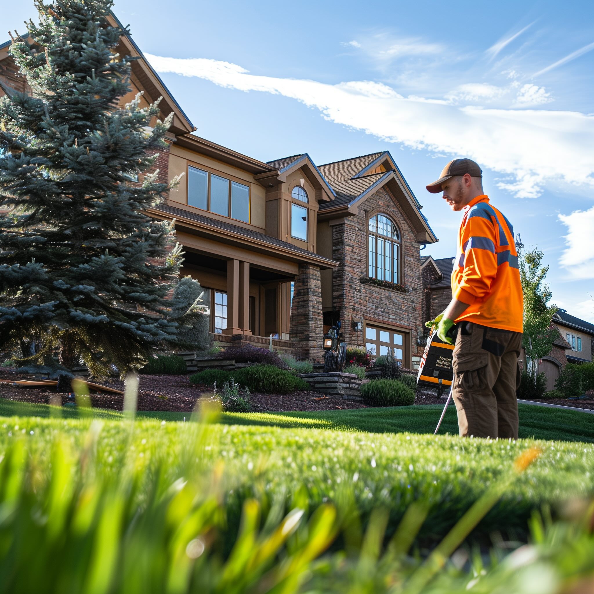 male landscape designer working on lawn care at luxury home located near front range colorado mountains in douglas county