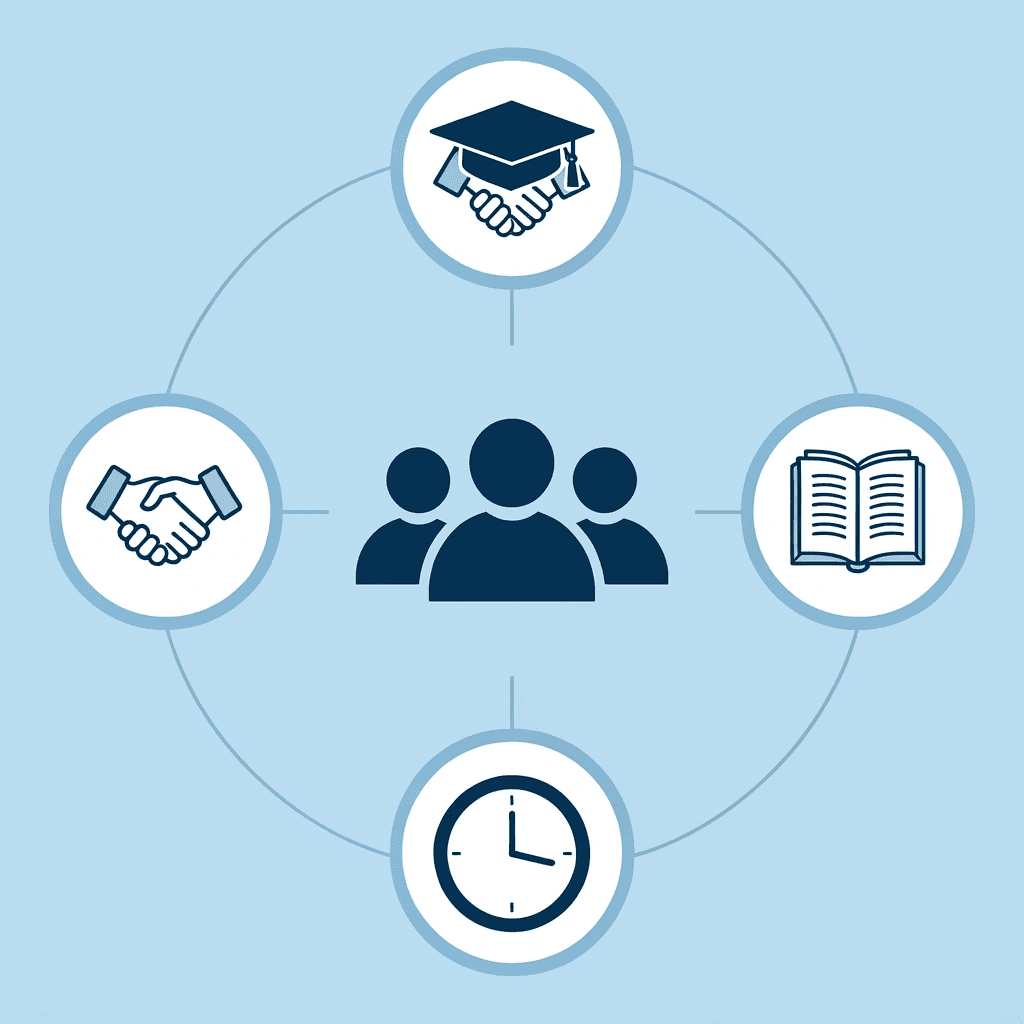 Network diagram with graduation ceremony at center connected to parents, teachers, children, and planning elements