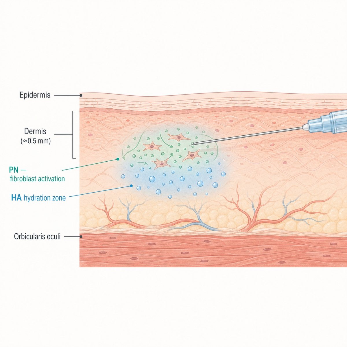 Cross-section diagram of the under-eye area showing RE2O micro-injection at the dermal level, with polynucleotides activating fibroblasts and hyaluronic acid providing deep hydration