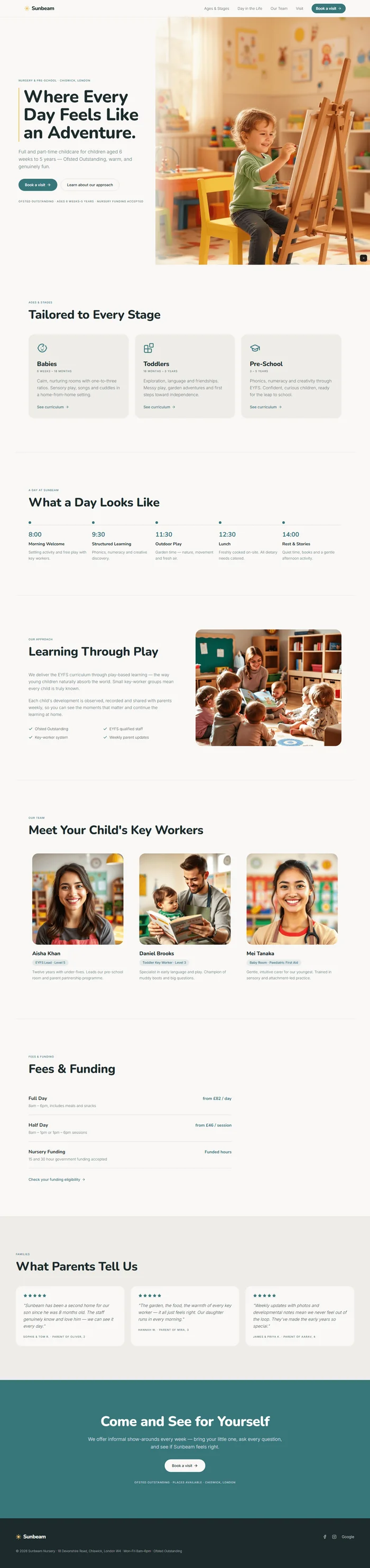 Childcare nursery website prompt full preview — warm white #faf8f2 background with deep teal #2a6b73 primary and warm yellow #f0d060 accent, Nunito 800 hero headline in warm gradient content panel over right-side full-bleed nursery photography, three age group cards for Babies Toddlers and Pre-School with Framer Motion scale stagger on scroll, horizontal day in the life timetable with five time slots in teal, and fees and funding section with three clean price rows