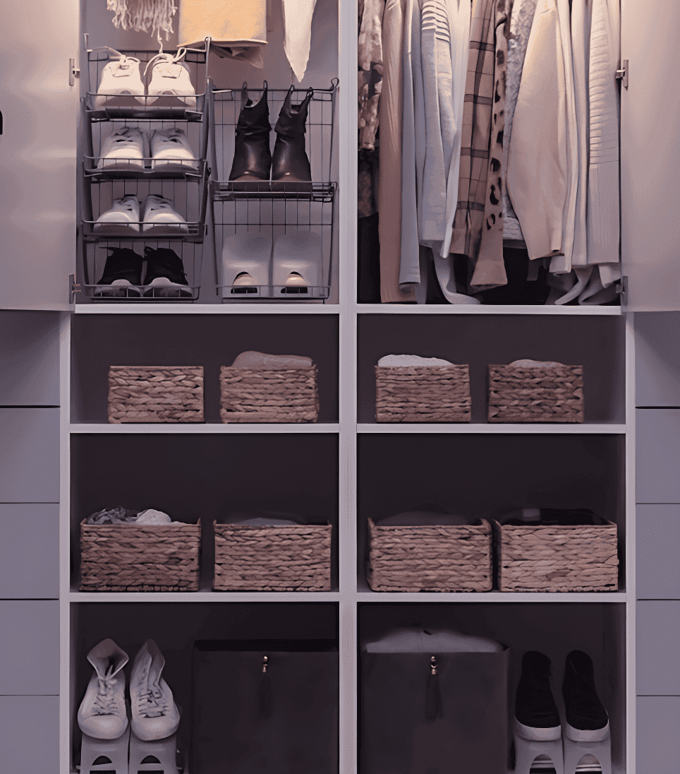 Close-up of a closet showing a proper closet with clothes and storage