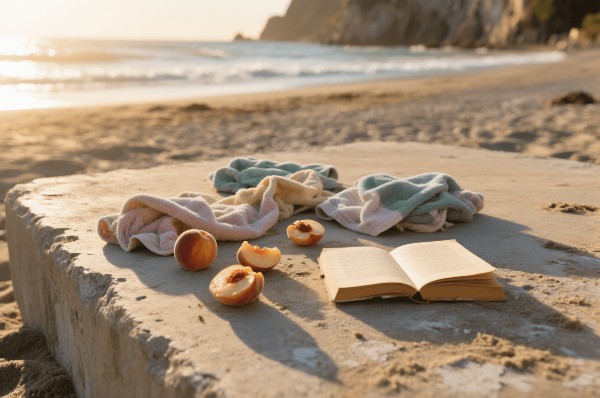 Open book, fresh peaches, and towels on sandy beach at sunset by the sea.