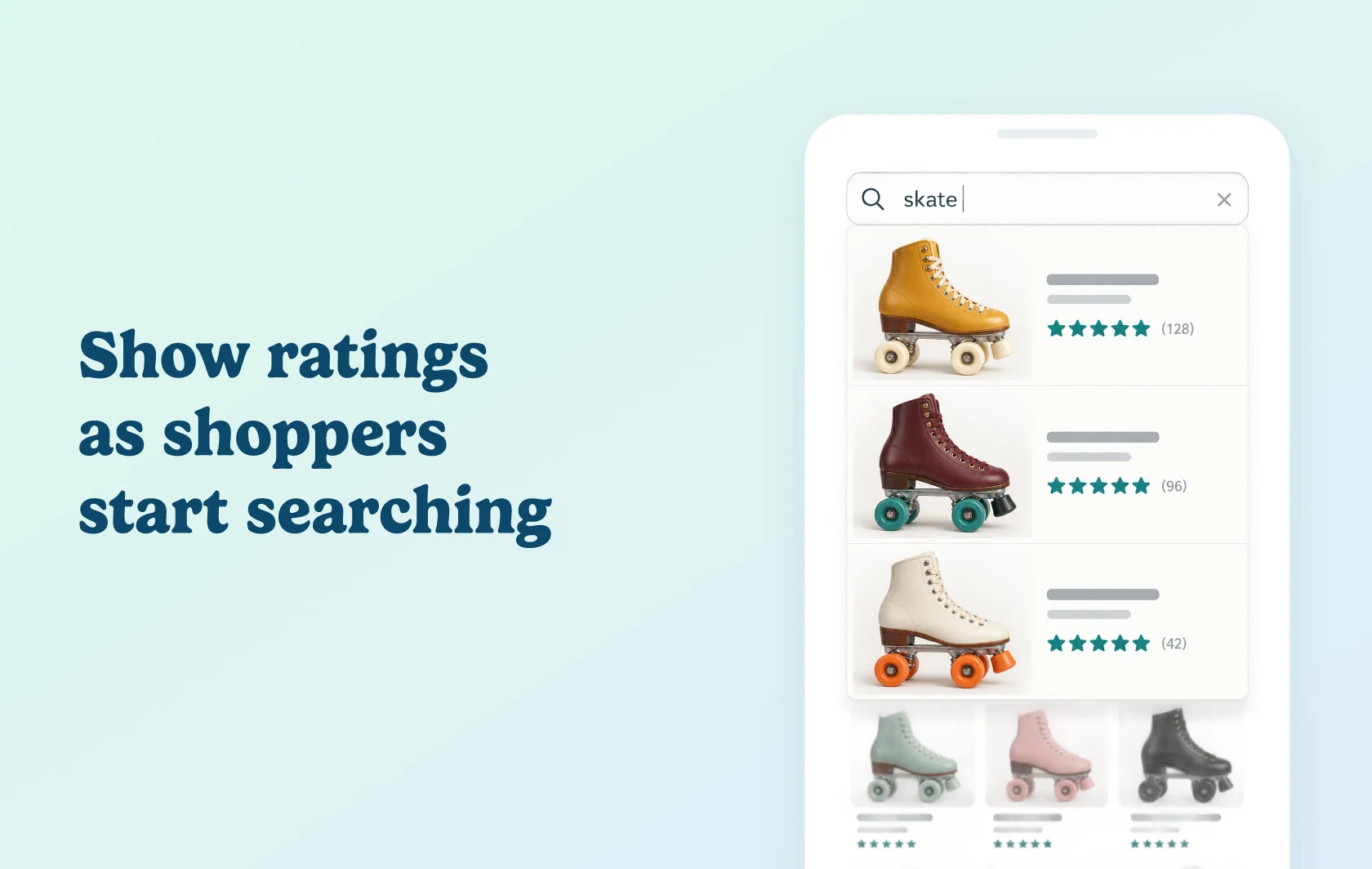 Judge.me and Sparq integration: illustration of a search dropdown for roller skates, with product ratings and review counts alongside the suggestions.