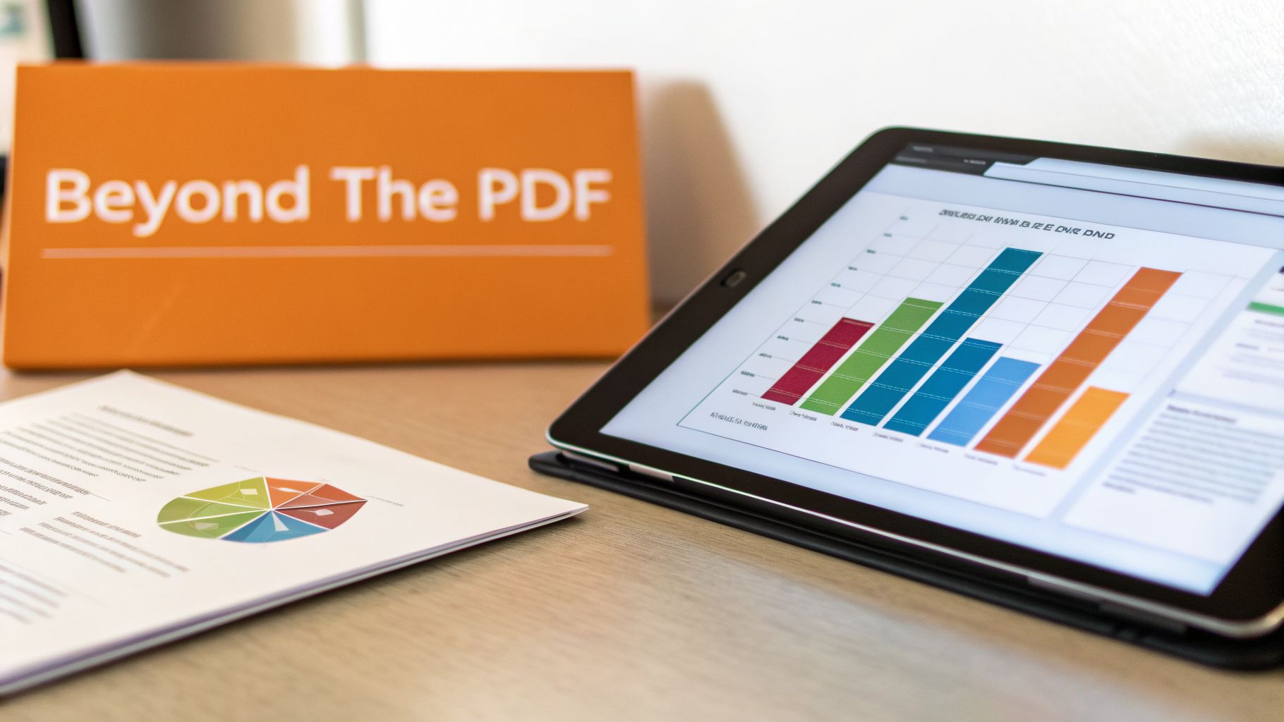 An orange sign 'Beyond The PDF' near a tablet displaying data charts and a document with a pie graph.