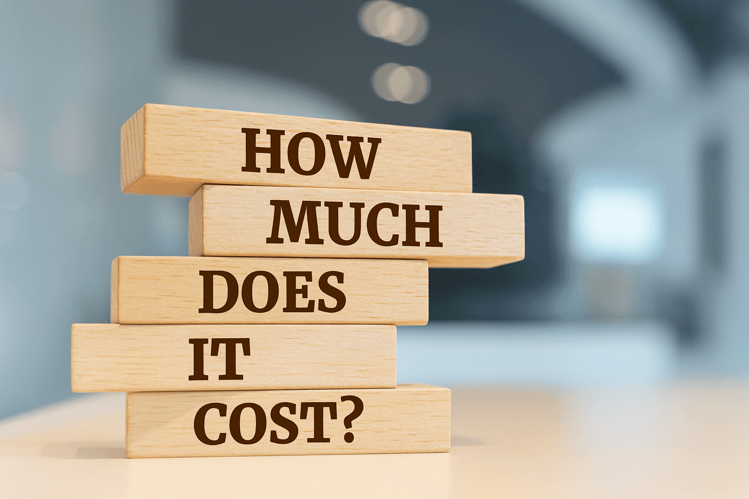 Illustration de blocs empilés portant la question "How Much Does It Cost?", symbolisant les coûts d'inscription sur Amazon pour les plans individuels et professionnels.