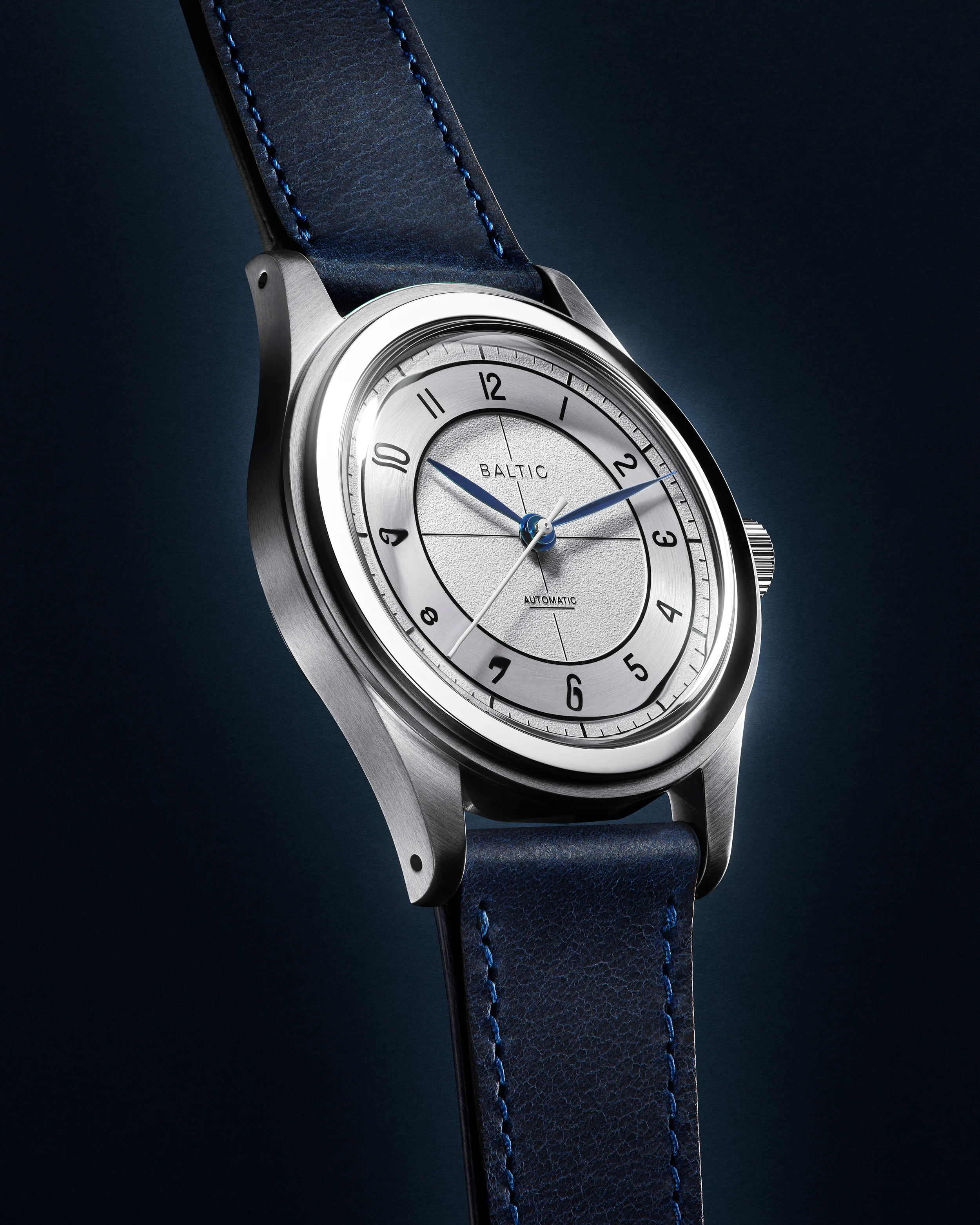 Baltic HMS 002 watch with white vintage dial and blue leather strap