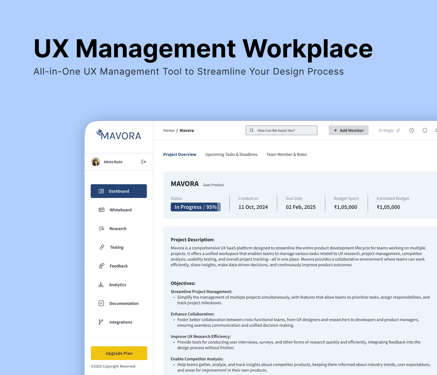 Mavora is an all-in-one UX management platform designed for design teams and freelancers to streamline research, project tracking, collaboration, and feedback.