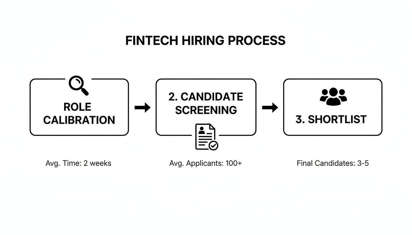 Fintech hiring process flowchart showing role calibration, candidate screening, and shortlisting steps with metrics.