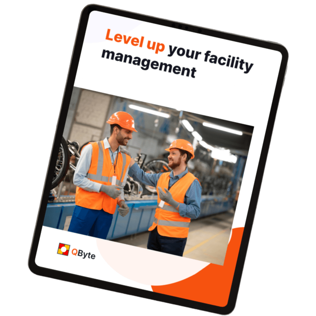 Tablet mockup showcasing a eBook on smart facility management with AI-driven solutions and automation strategies.