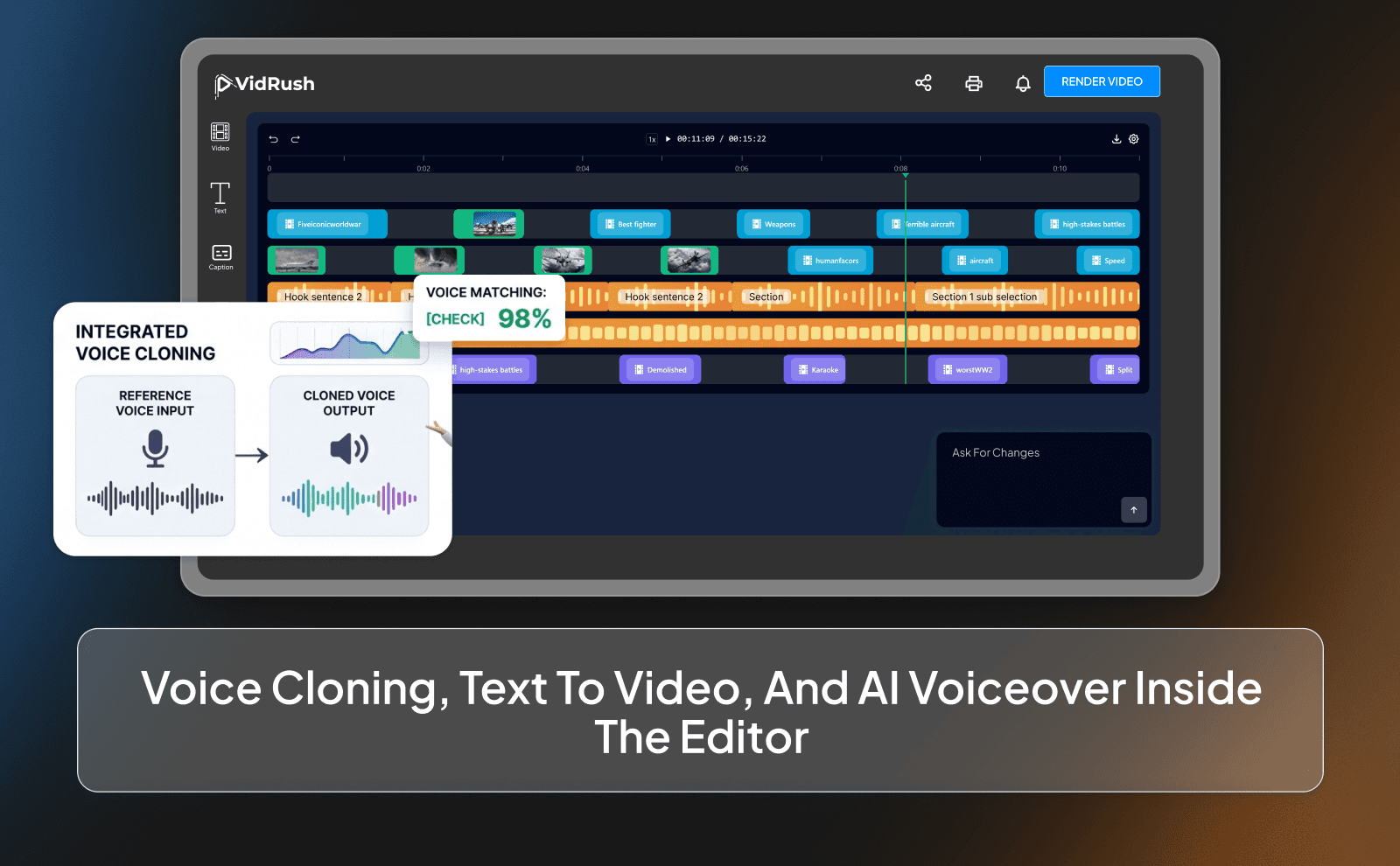 Voice cloning, text to video, and AI voiceover inside the editor