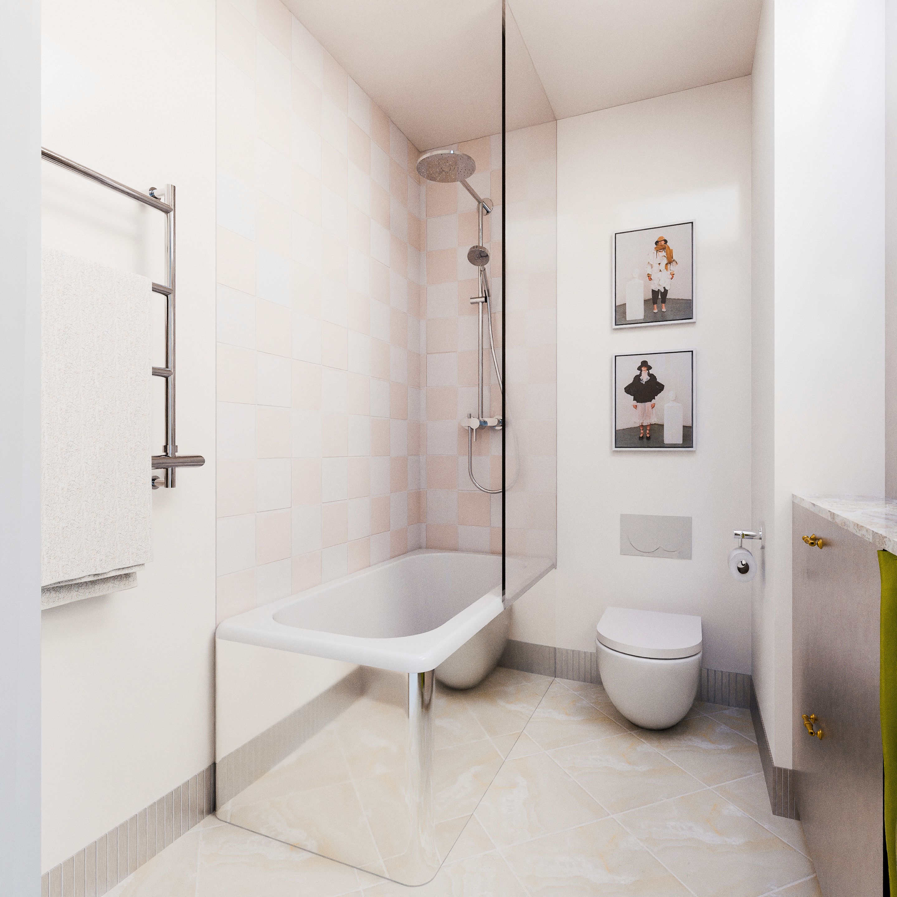 After: bathroom redesigned by Atelier Akuko with lighter finishes, improved layout and storage