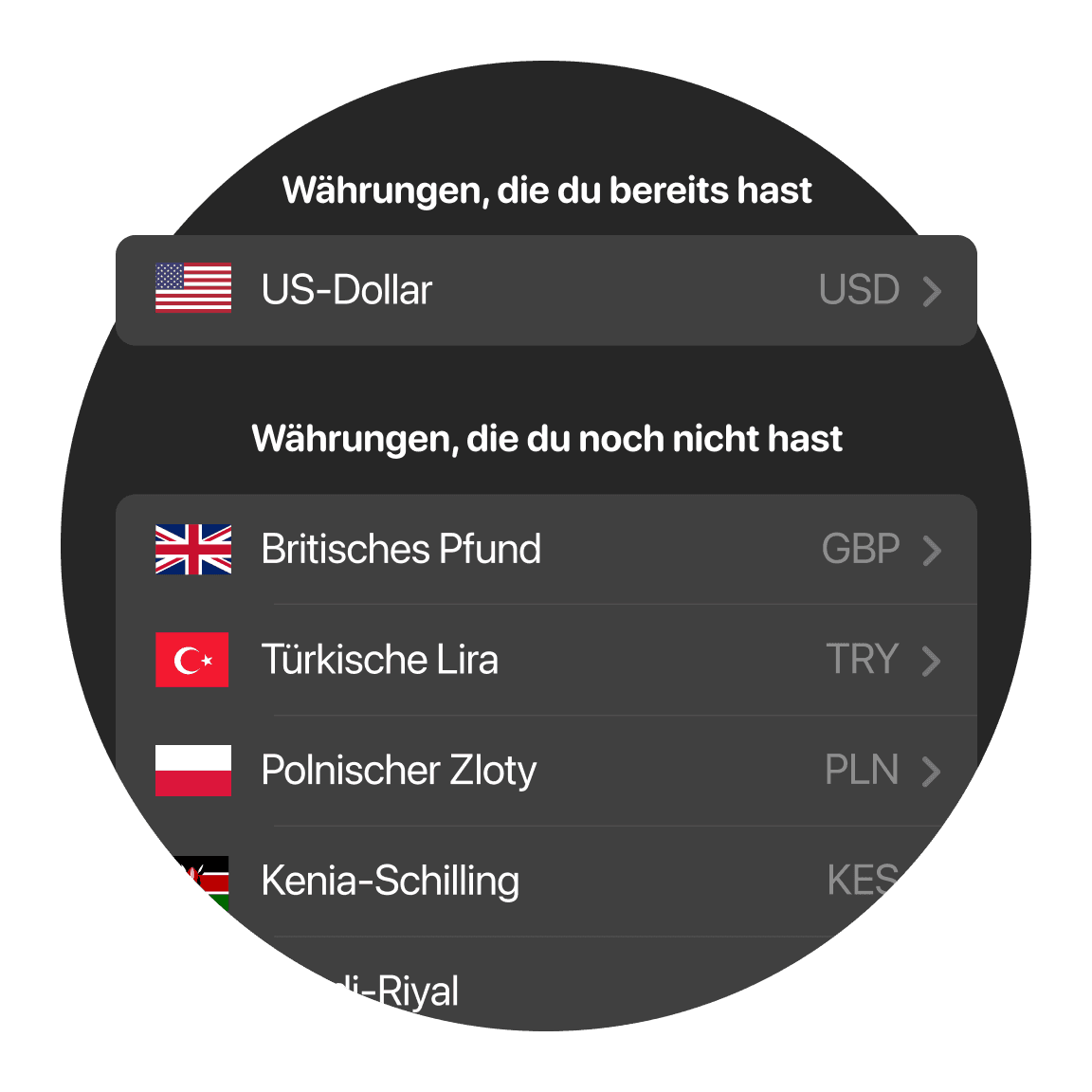 Währungstabelle mit Umrechnungskursen zwischen mehreren Ländern.