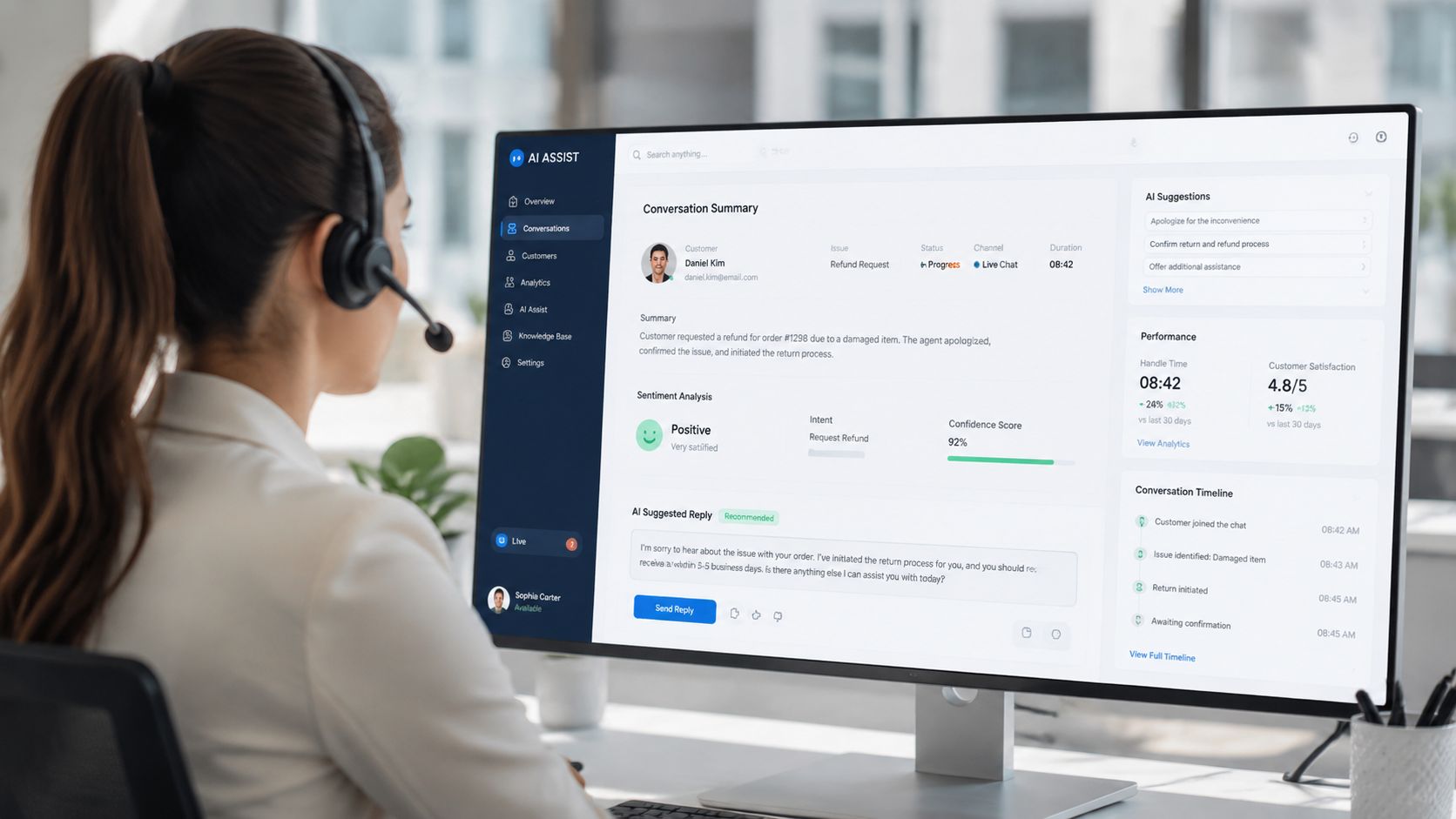 A customer support agent using AI-powered software dashboard to manage a refund request in a modern office.