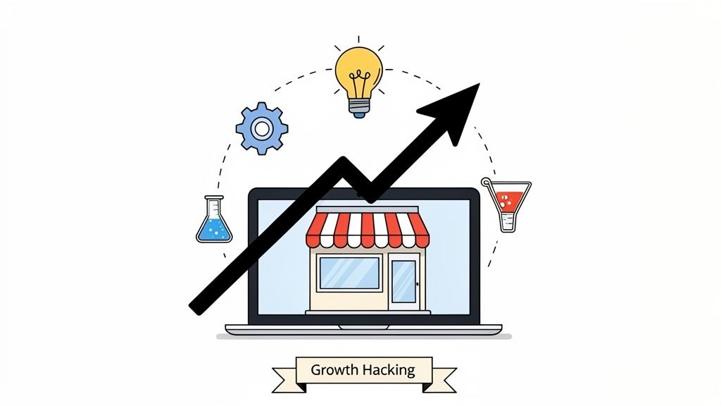 Illustration of growth hacking for e-commerce, showing a laptop with a shop, surrounded by ideas, process, and experimentation leading to growth.