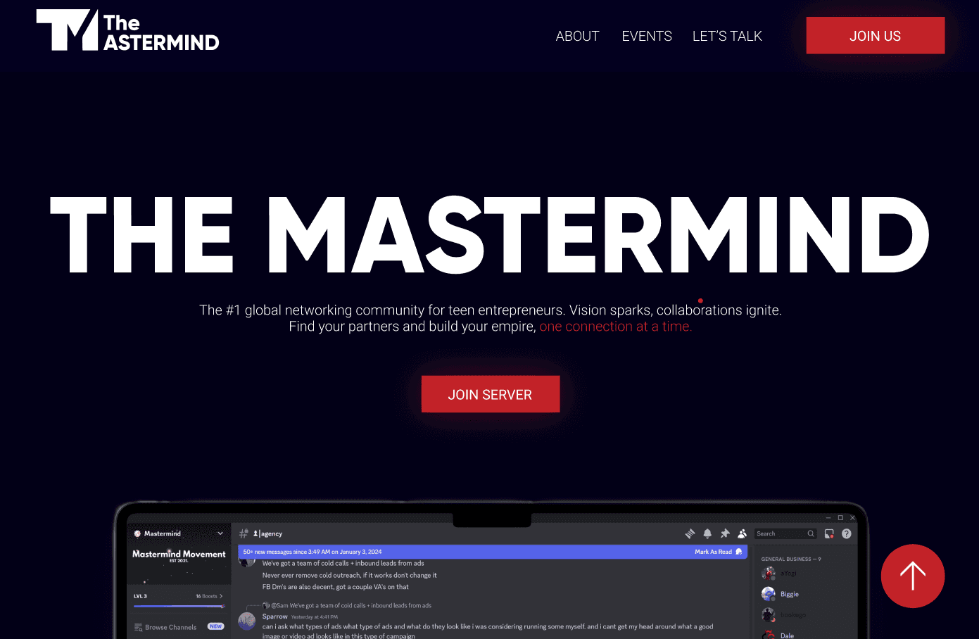 a 3-page website for The Mastermind, a global network of teen entrepreneurs, including a resource library and a landing page.