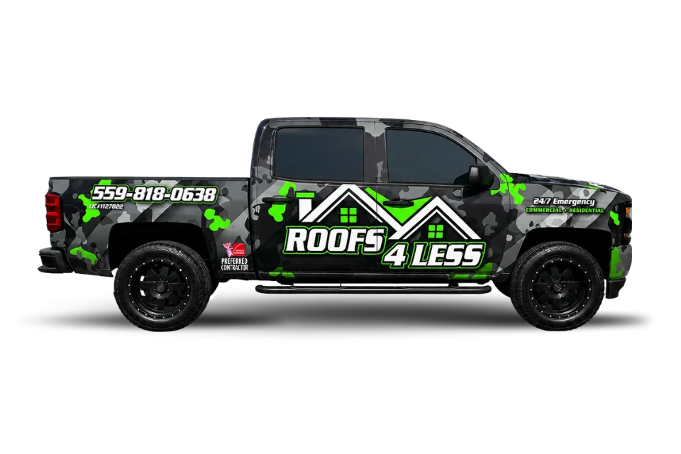 Roofing service vehicle for Roofs 4 Less at a local Fresno roof repair job