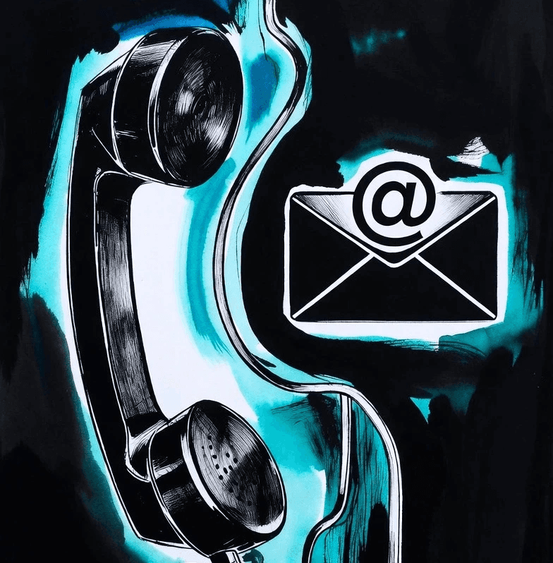 Cold email vs cold calling comparison illustration in Japanese minimalist style with teal and blue tech accents on black background.
