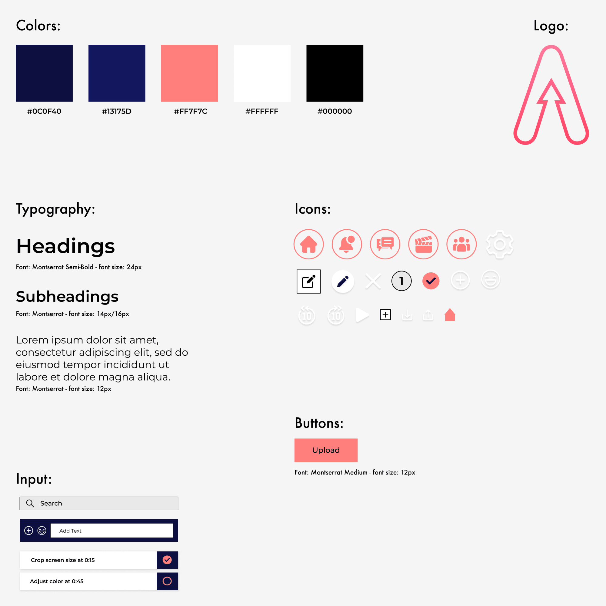A style guide for a mobile app showing color choice, typography, and UI components